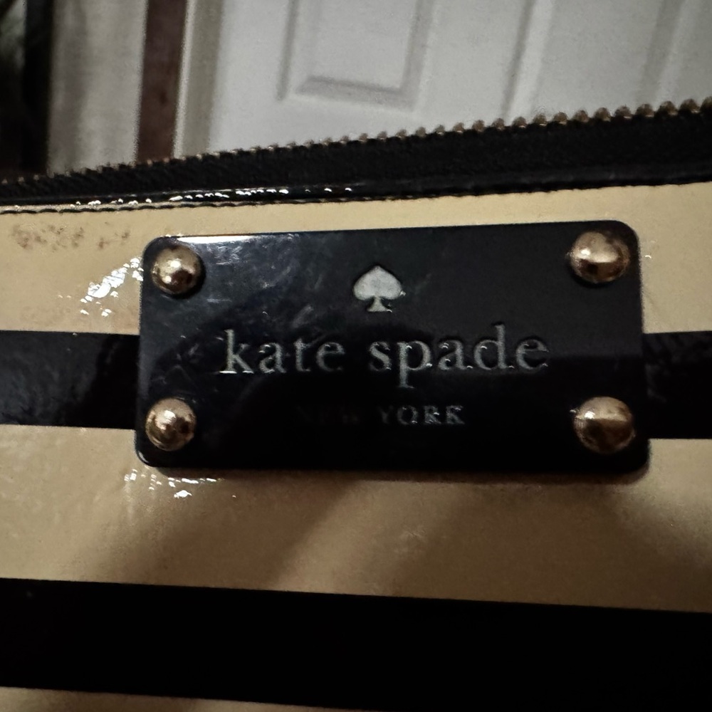 kate spade Black and Cream Striped Tote with Gold Plaque